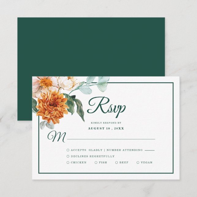 Rustic Elegant Emerald Green Floral Fall Wedding RSVP Card (Front/Back)