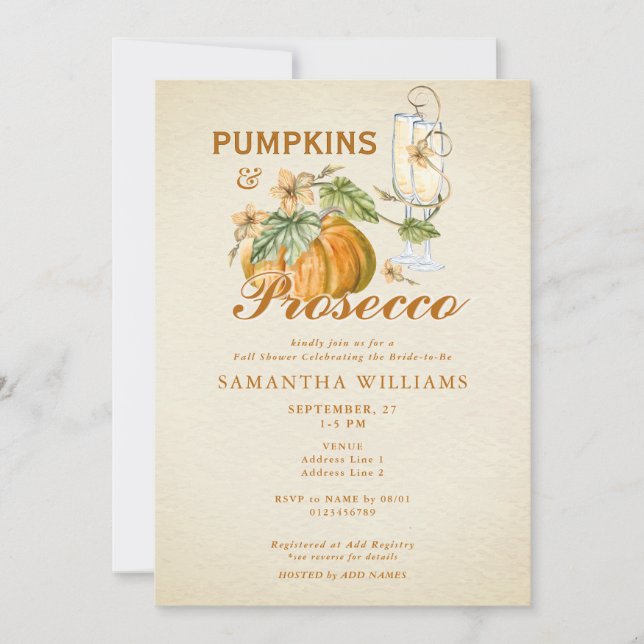 Rustic Elegant Fall Pumpkin Prosecco Bridal Shower Invitation (Front)
