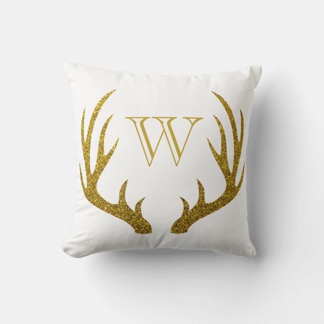 Rustic Elegant Faux Gold Glitter Deer Antlers Cushion (Front)