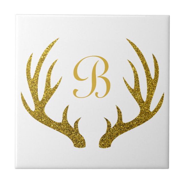Rustic Elegant Faux Gold Glitter Deer Antlers Tile (Front)