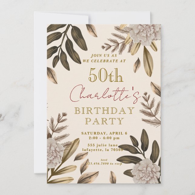 Rustic Elegant Floral 50th Birthday Invitations (Front)