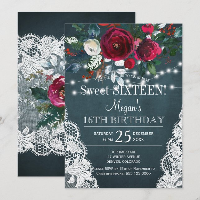 Rustic elegant floral burgundy sweet sixteen invitation (Front/Back)