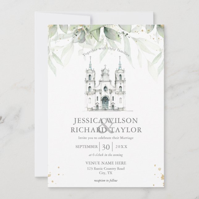 Rustic Elegant Floral Catholic Church Chapel  Invitation (Front)