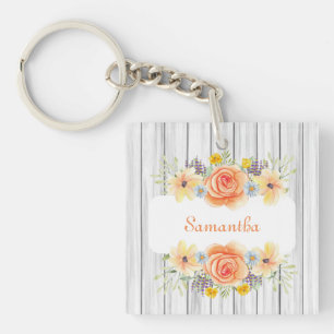 Rustic Elegant Floral Design Add Your Name Key Ring