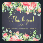 Rustic elegant floral red navy wedding thank you square sticker<br><div class="desc">Elegant chic favour sticker featuring rustic big blush pink garden and coral red roses borders with sage green foliage, three small golden hearts, and an editable thank you script on a dark midnight navy blue chalkboard background. Ideal for spring or summer garden autumn fall elegant rustic country classy outdoor backyard...</div>