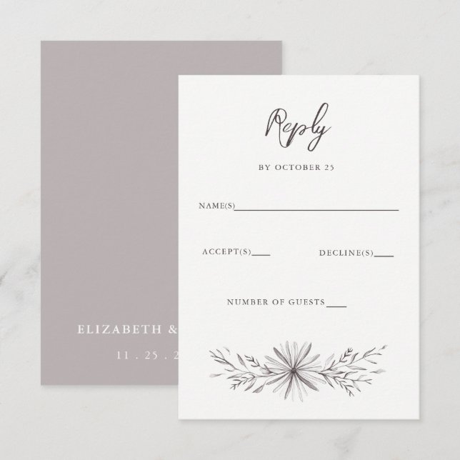 Rustic Elegant Floral Sketch Wedding RSVP Card (Front/Back)