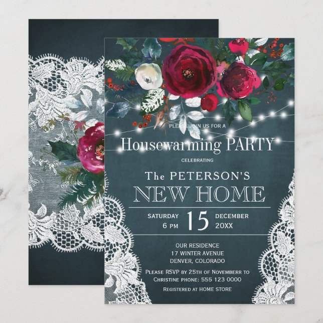 Rustic elegant floral winter housewarming party invitation (Front/Back)