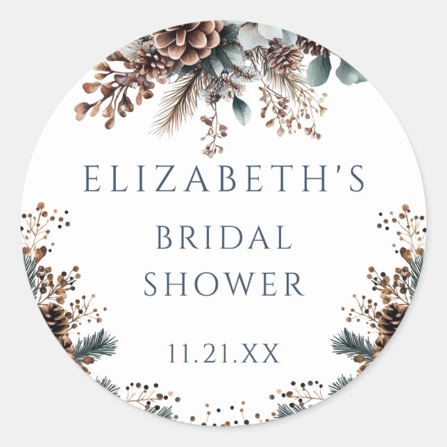 Rustic Elegant Forest Pinecones Bridal Shower  Classic Round Sticker (Front)