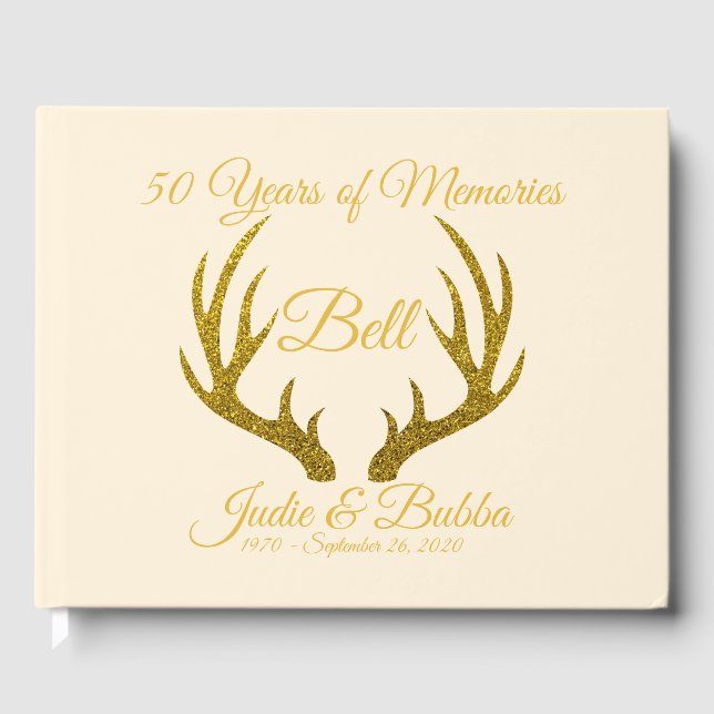 Rustic Elegant Gold Deer Antlers 50th Anniversary Guest Book (Front)