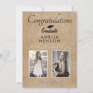 Rustic Elegant Gold Ornament 2 Photo Graduation Card
