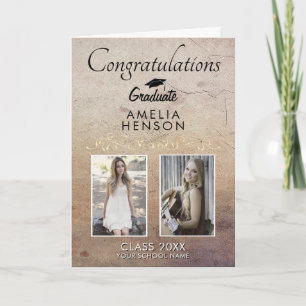 Rustic Elegant Gold Ornament 2 Photo Graduation Card