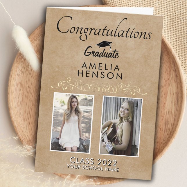 Rustic Elegant Gold Ornament 2 Photo Graduation Card (Creator Uploaded)