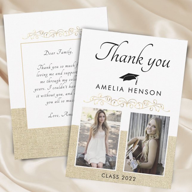 Rustic Elegant Gold Ornament 2 Photo Graduation Thank You Card (Creator Uploaded)