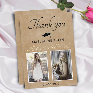Rustic Elegant Gold Ornament 2 Photo Graduation Thank You Card