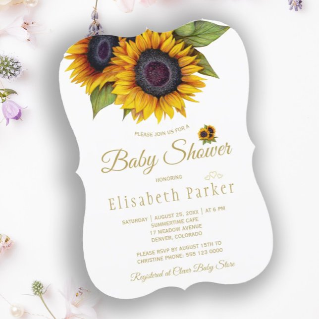 Rustic elegant gold sunflowers summer baby shower invitation (Creator Uploaded)