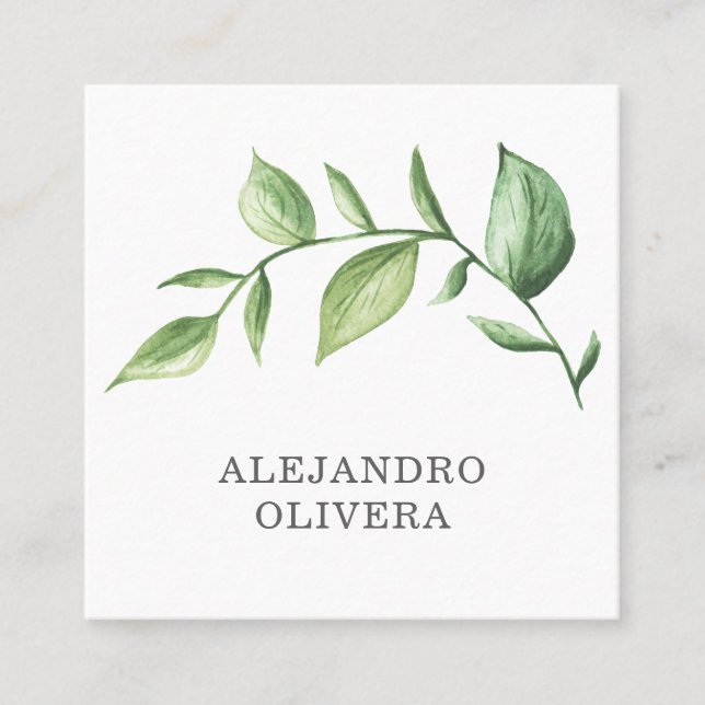 Rustic Elegant Green Watercolor Greenery Square Business Card (Front)