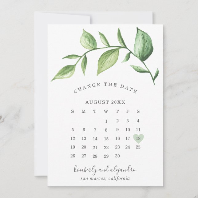 Rustic Elegant Greenery Calendar Change the Date Announcement (Front)