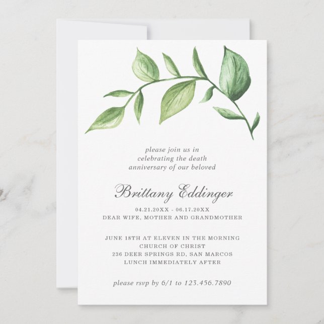 Rustic Elegant Greenery Death Anniversary Invitation (Front)
