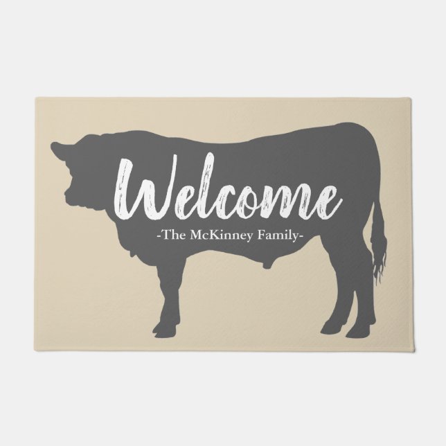 Rustic Elegant Grey Bull Silhouette & Family Name Doormat (Front)
