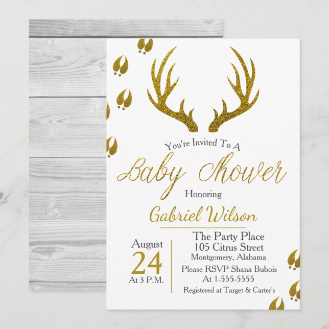 Rustic Elegant Grey Wood Gold Antlers Baby Shower Invitation (Front/Back)