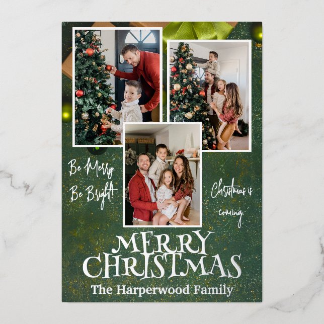 Rustic Elegant Joy Christmas Family Photo Collage Foil Holiday Card (Front)