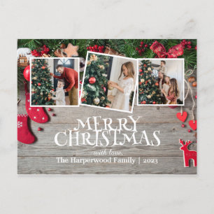 Rustic Elegant Joy Christmas Family Photo Collage Holiday Postcard