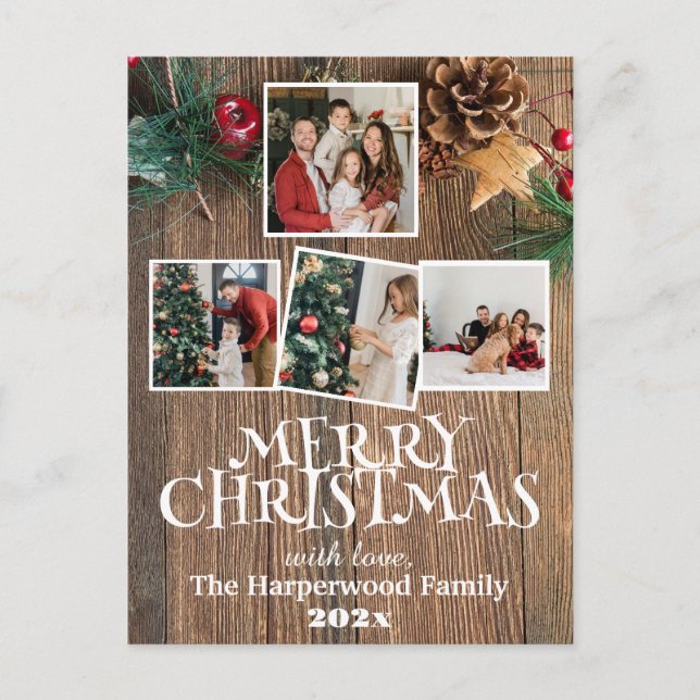 Rustic Elegant Joy Christmas Family Photo Collage Holiday Postcard (Front)