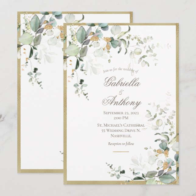 Rustic Elegant Leaves Greenery Gold Wedding  Invitation (Front/Back)