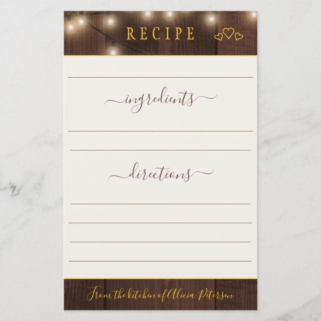 Rustic elegant modern floral gold recipe card (Front)