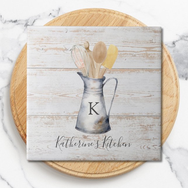 Rustic Elegant Monogram Kitchen Utensils Tile (Close up)