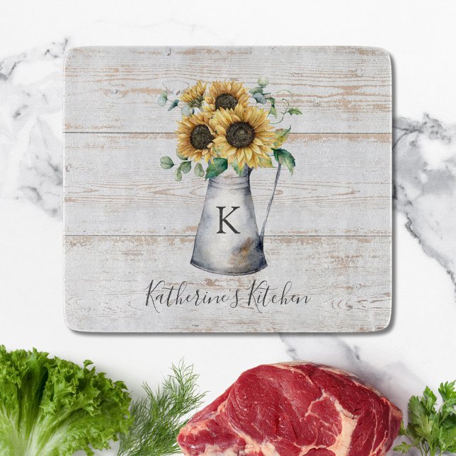 Rustic Elegant Monogram Sunflower Eucalyptus Cutting Board (In situ)
