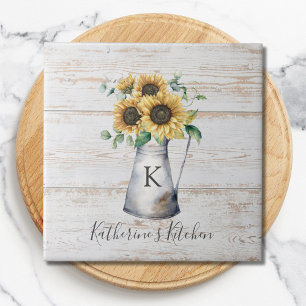 Rustic Elegant Monogram Sunflower Eucalyptus Tile