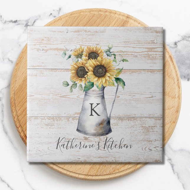 Rustic Elegant Monogram Sunflower Eucalyptus Tile (Close up)