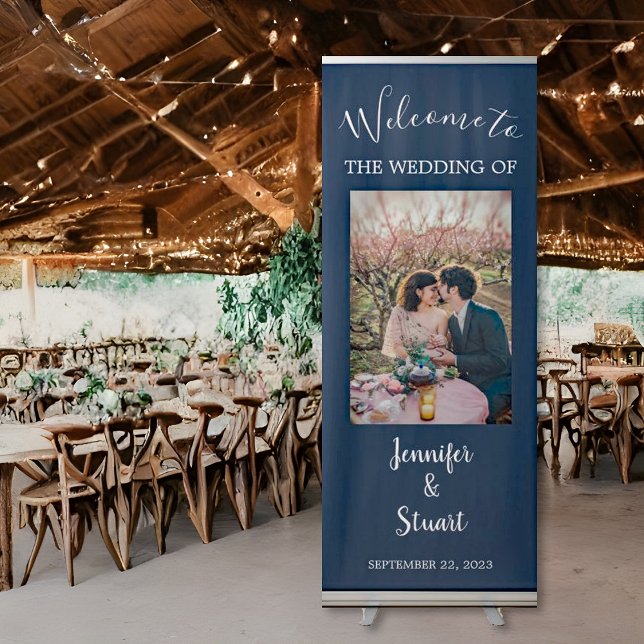 Rustic elegant navy blue photo wedding retractable banner (Rustic navy blue photo wedding banner.)
