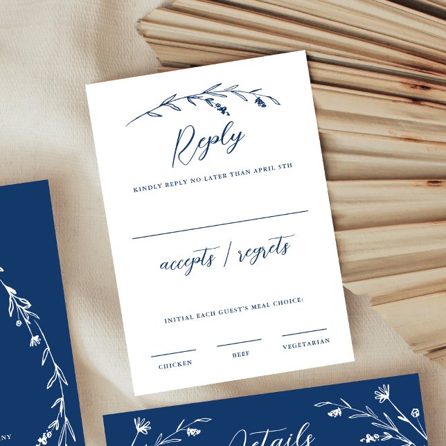 Rustic Elegant Navy Blue Wildflower Wedding RSVP Card (Creator Uploaded)