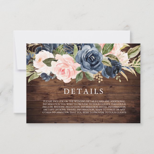Rustic Elegant Navy & Blush Wedding Details Card (Front)