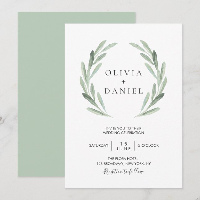 Rustic Elegant Olive Leaf Wreath Greenery Wedding Invitation (Front/Back)