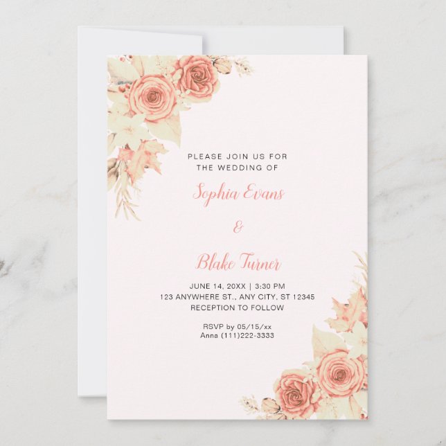 Rustic Elegant Orange Roses Fall Pink Wedding Invitation (Front)