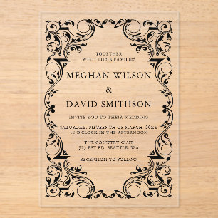 Rustic Elegant Ornamental Black Gold Wedding Acrylic Invitations