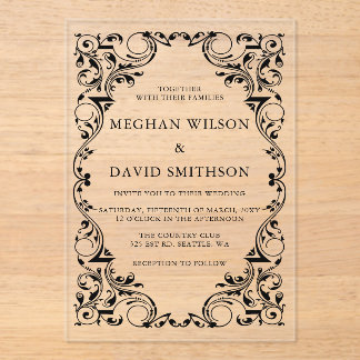 Rustic Elegant Ornamental Black Gold Wedding Acrylic Invitations