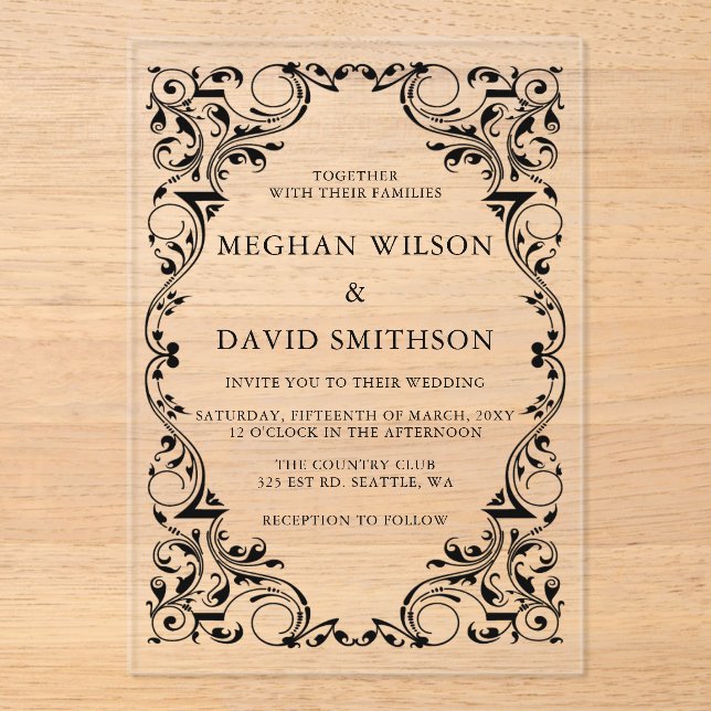 Rustic Elegant Ornamental Black Gold Wedding  Acrylic Invitations (Front)
