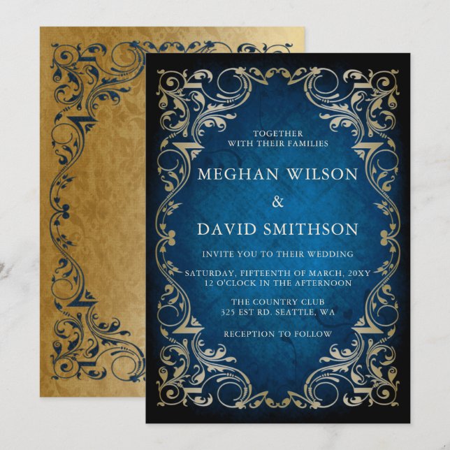 Rustic Elegant Ornamental Blue Gold Wedding   Invitation (Front/Back)