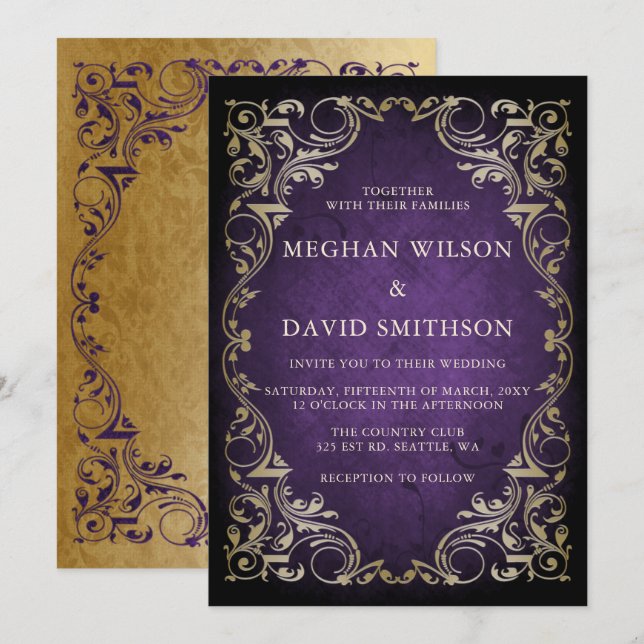 Rustic Elegant Ornamental Purple Gold Wedding  Invitation (Front/Back)