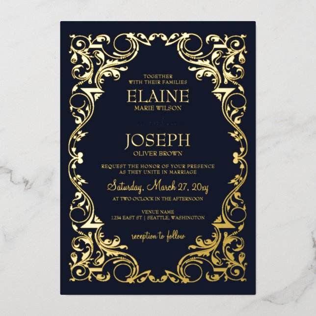 Rustic Elegant Ornate Frame Navy Wedding  (Front)