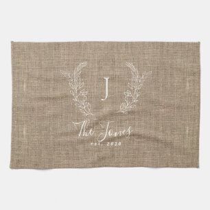 Rustic elegant personalised family monogram name tea towel