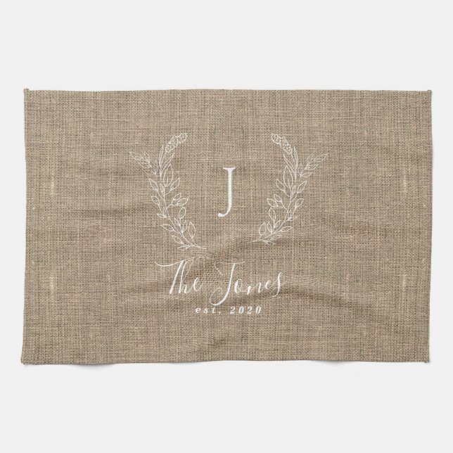 Rustic elegant personalised family monogram name tea towel (Horizontal)