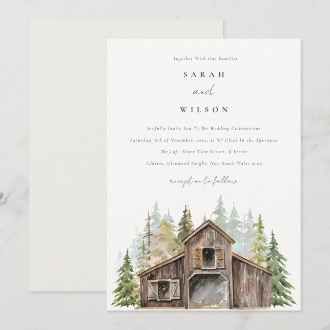 Rustic Elegant Pine Forest Barnyard Wedding Invite (Front/Back)
