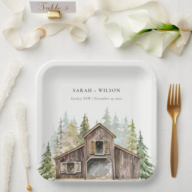 Rustic Elegant Pine Woods Forest Barnyard Wedding Paper Plate (Wedding)