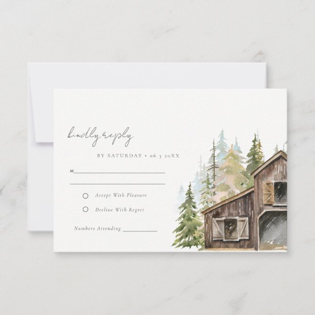 Rustic Elegant Pine Woods Forest Barnyard Wedding RSVP Card (Front)