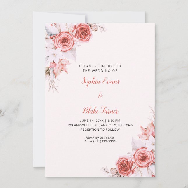 Rustic Elegant Pink Roses Fall Light Pink Wedding Invitation (Front)
